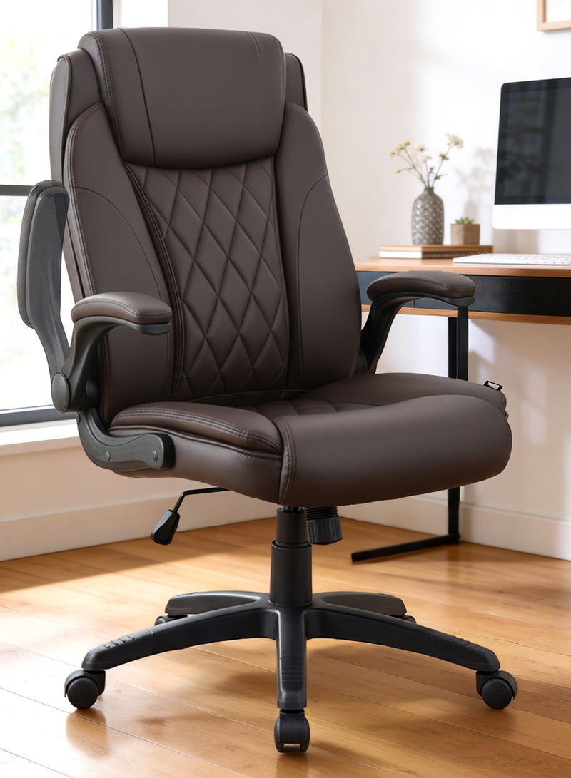 DROGO Ergonomic Premium Leatherette Office Chair for Work at Home, Computer Chair with Flip-Up Armrest, Height Adjustable Leather Seat, Cushioned Headrest, & Lumbar Support | Desk Chair with Multi Level Reclining Brown - Image 1